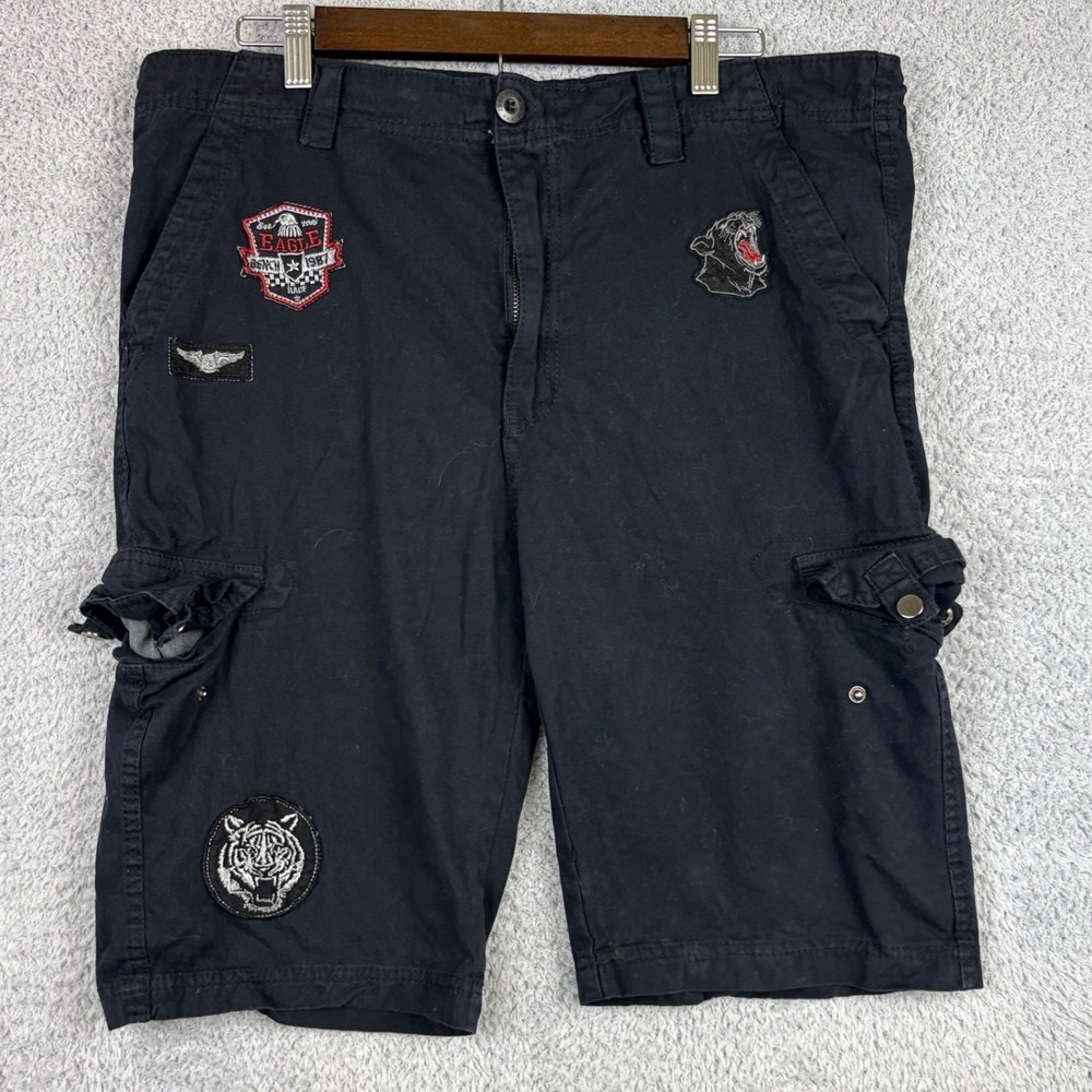 Bench Cargo Shorts Mens XXL Black Patch Graphic Eagle Panther Skater Y2K Moto